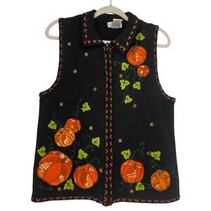 White Stag Women’s Knit Pumpkin Pumpkin Halloween Vest Size M Black Fall Zip Up